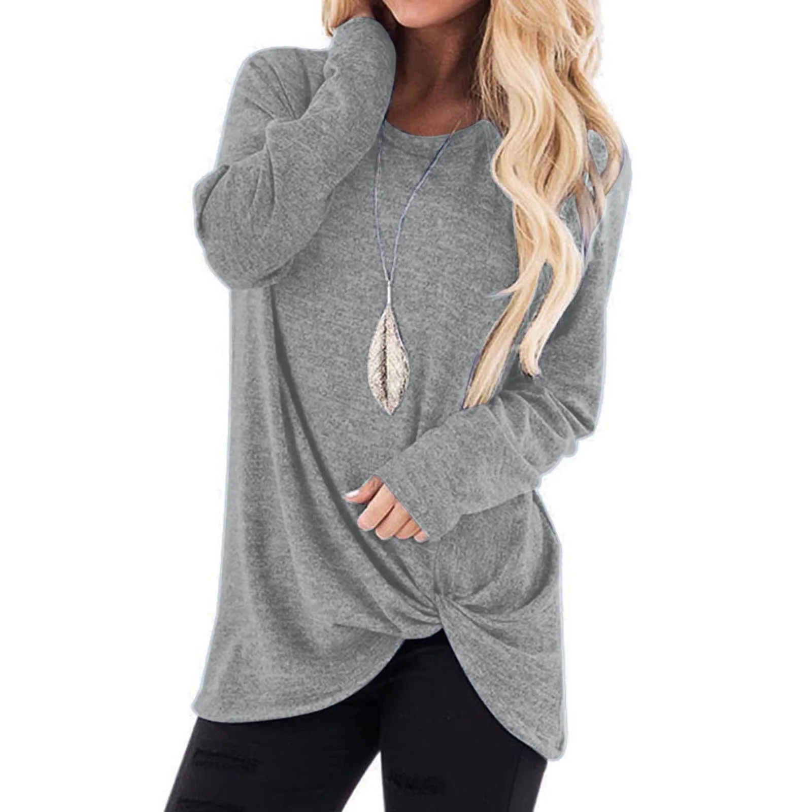 

Autumn T-shirts Women's Casual Loose Round Neck Solid Color Twisted Long Sleeve Top Female Tshirts Streetwear Tees