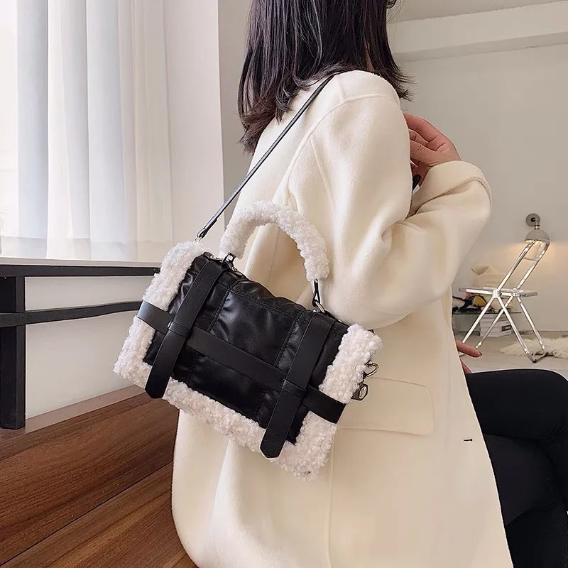 

Fashion Plush Tote Women's Handbag Casual Lambswool PU Leather with Fur Shoulder Messenger Crossbody Bags for Women