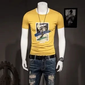 

New summer men's Mercerized Cotton Short Sleeve T-Shirt slim round neck printed half sleeve bottom coat