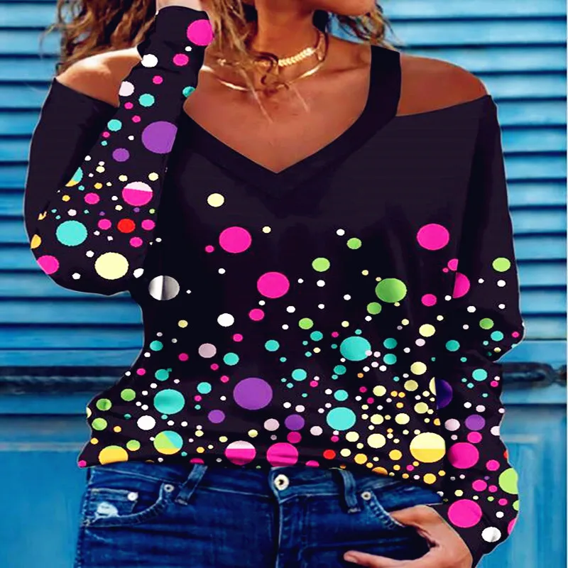 Женская Винтажная футболка большие размеры свободная с принтом в горошек