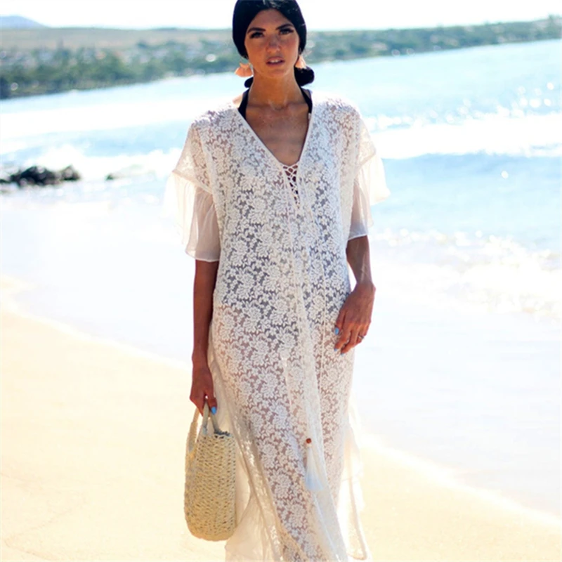 

2021 New Lace V-Neck Ladies Bikini Women'S Beach Swimwear White Sunscreen Dress