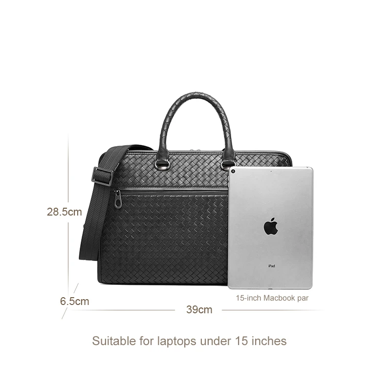 Men's Luxury Brand Business Briefcase Large Capacity Authentic Leather Sheepskin Woven Classic Shoulder Handbag 15-Inch Notebook