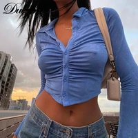 dulzura 2021 summer women long sleeve ruched blouse turn down collar v neck bodycon sexy streetwear casual crop top clothes y2k