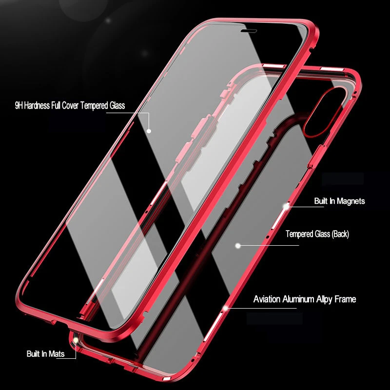 Front +Back 360 Magnetic Adsorption Metal Glass Case For iphone 7 8 Plus Phone XR X XS MAX 6 6S Cover Coque Capa |