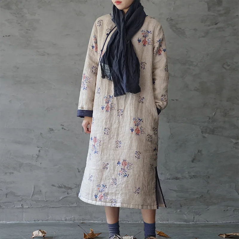 

SCUWLINEN Retro Long Parka 2021 Winter Vintage Print O-neck Pullover Long Sleeve Thick Warm Long Loose Quilted Linen Dress P335