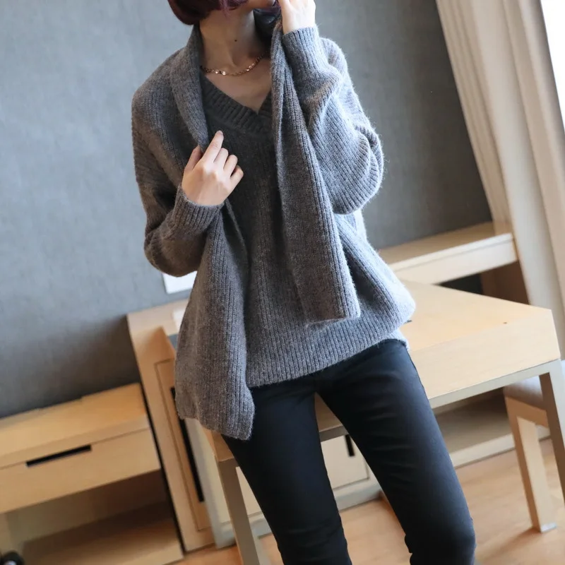 

LANMREM 2021 Autumn Fashion V-neck Long-sleeved Pullover Knitting Loose All-match Warm Thick Knitting Sweater For Women 2A1869