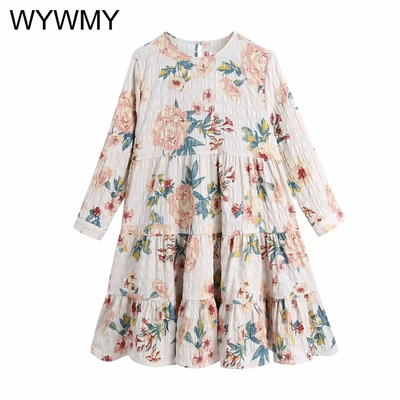 

Spring Autumn Women Dresses 2021 New Fashion Vintage Floral Print Ruffled Mini Dress O Neck Three Quarter Sleeve Female Vestidos