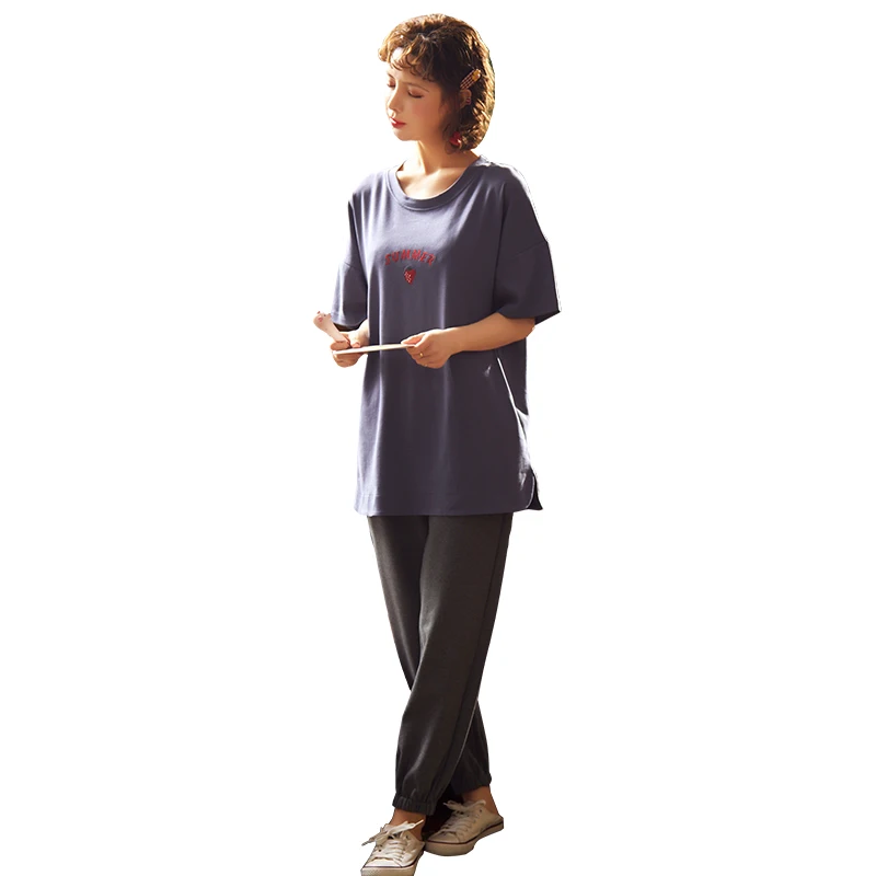 Женская летняя Хлопковая пижама с коротким рукавом и длинными брюками | одежда