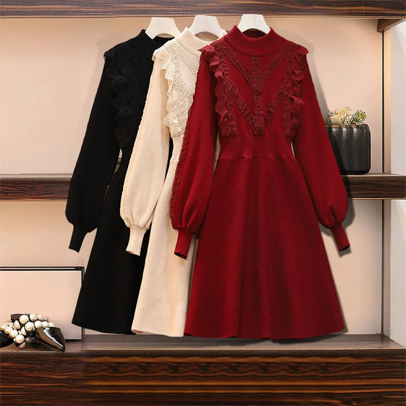 

Large Women's Dress 2021 Autumn Half High Collar Temperament Lady Slim Fit With Bottomed Wool Dress