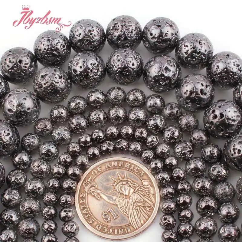 

6,8,10,12mm Round Sponge Beads Black Volcanic Lava Rock Stone Loose Beads for DIY Women Men Necklace Bracelat Jewelry Making 15"