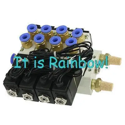 

1pc AC 220V Pneumatic Quadruple Solenoid Valve w Base Push In Fitting Muffler