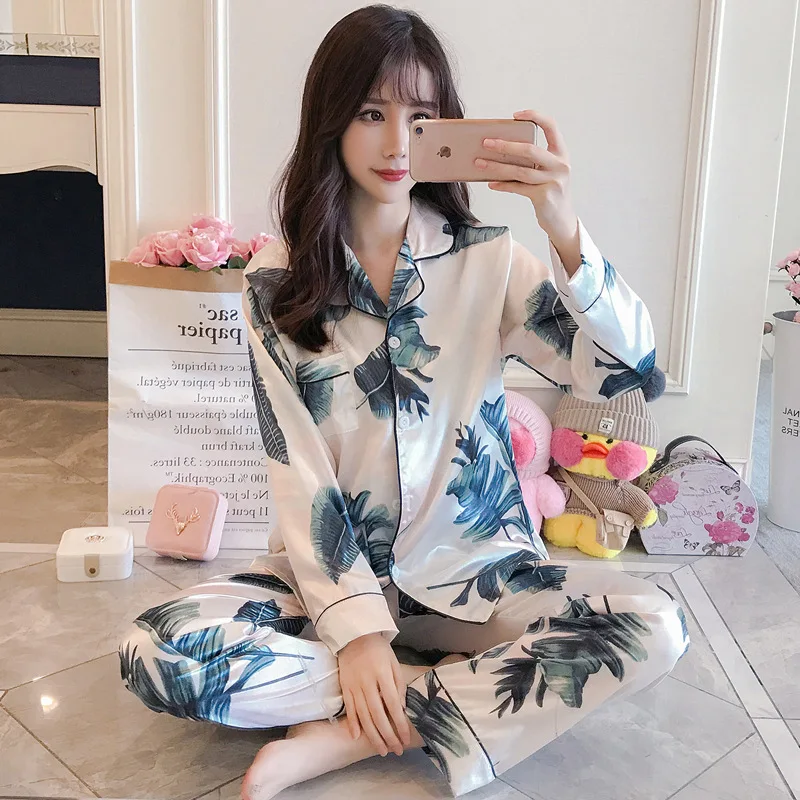 

Womens Silk Satin Print Pajamas Pyjamas Set Sleepwear Pijama Sexy Suit Female Sleep Two Piece Loungewear Plus Size