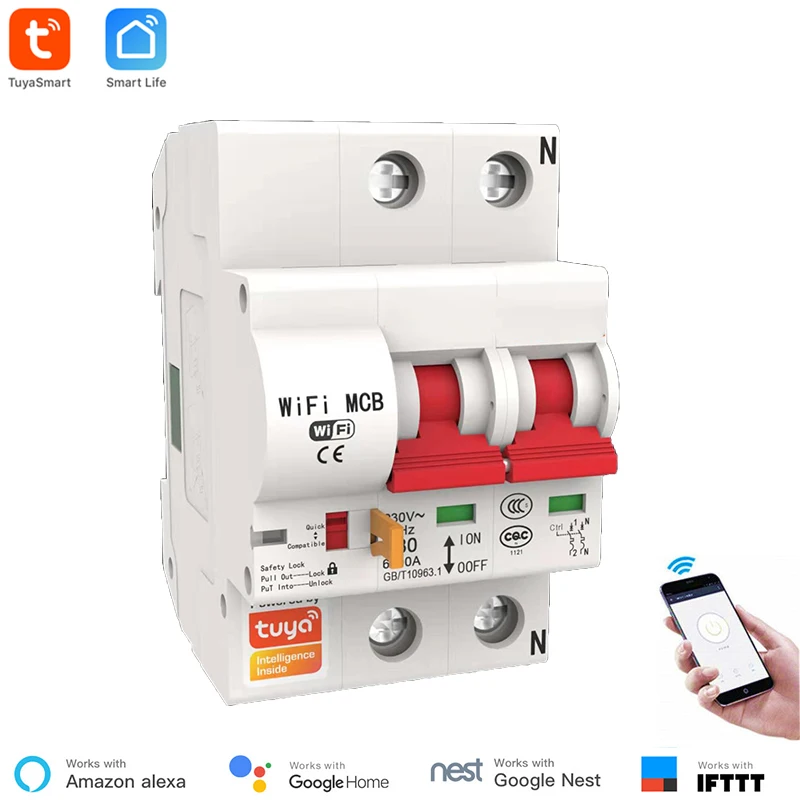 2P 80A Смарт-выключатель Tuya 80A 1 P/2 P/3 P/4 P WiFi Смарт-выключатель автоматический переключатель защита от перегрузки короткого замыкания Alexa - Комплект: 2P 80A