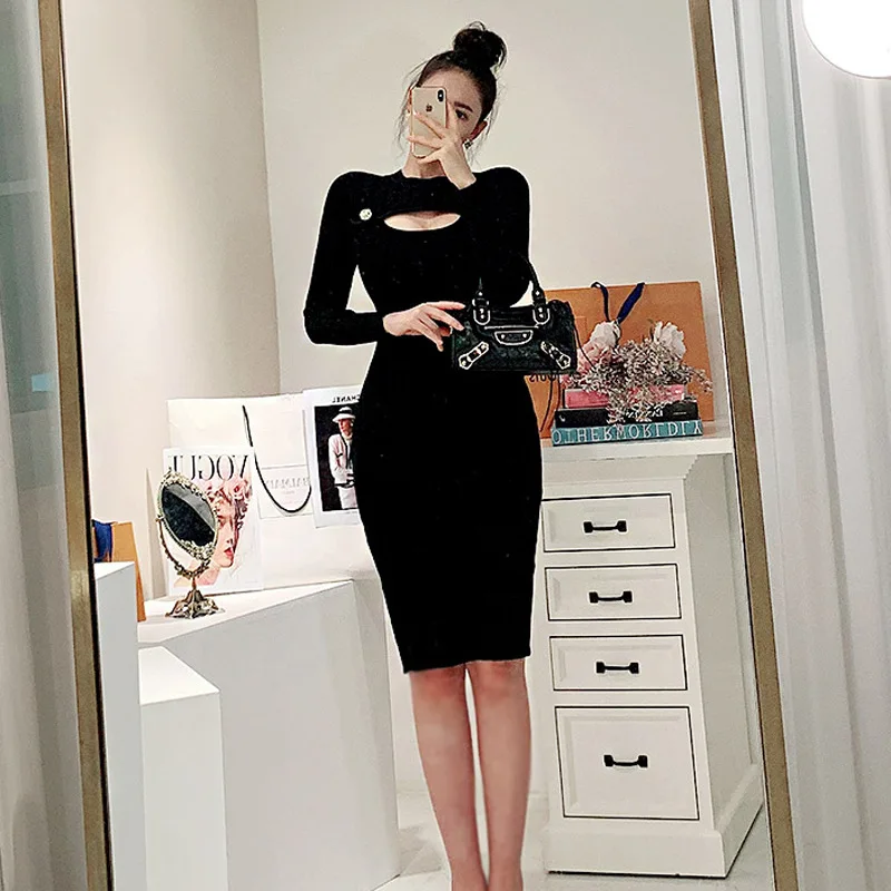

early autumn new products sexy temperament round neck hollow slim slimming hip elastic knitted dress women