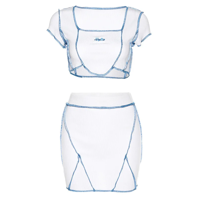 Double Strawberry Summer Short-sleeved letter emb Collar T-shirt High Waist Skinny Skirt Casual Suit Women Two Piece Outfits | Женская