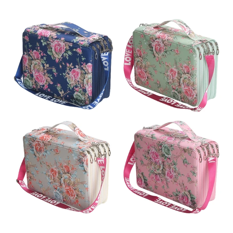 

H05B 252-Holes Crocodile Pattern Flowers With Shoulder Strap Zipper Pencil Case Sketch Pencil Bag Stationery Storage Office