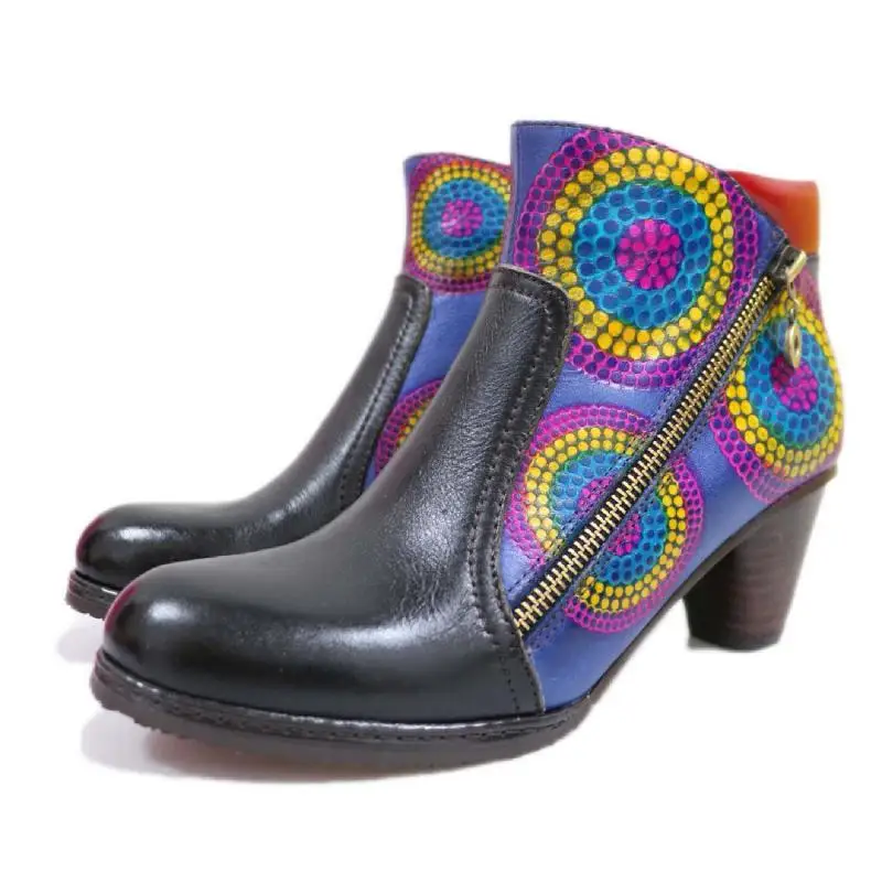 

Johnature Women Shoes 2021 New Winter Ankle Boots Genuine Leather Round Toe Hand-painted Zip Flower National Style Women Boots