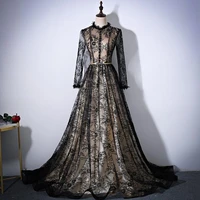 vintage black lace evening dresses ilussion full sleeves modest formal party dress abendkleider prom gowns robes de soir%c3%a9e