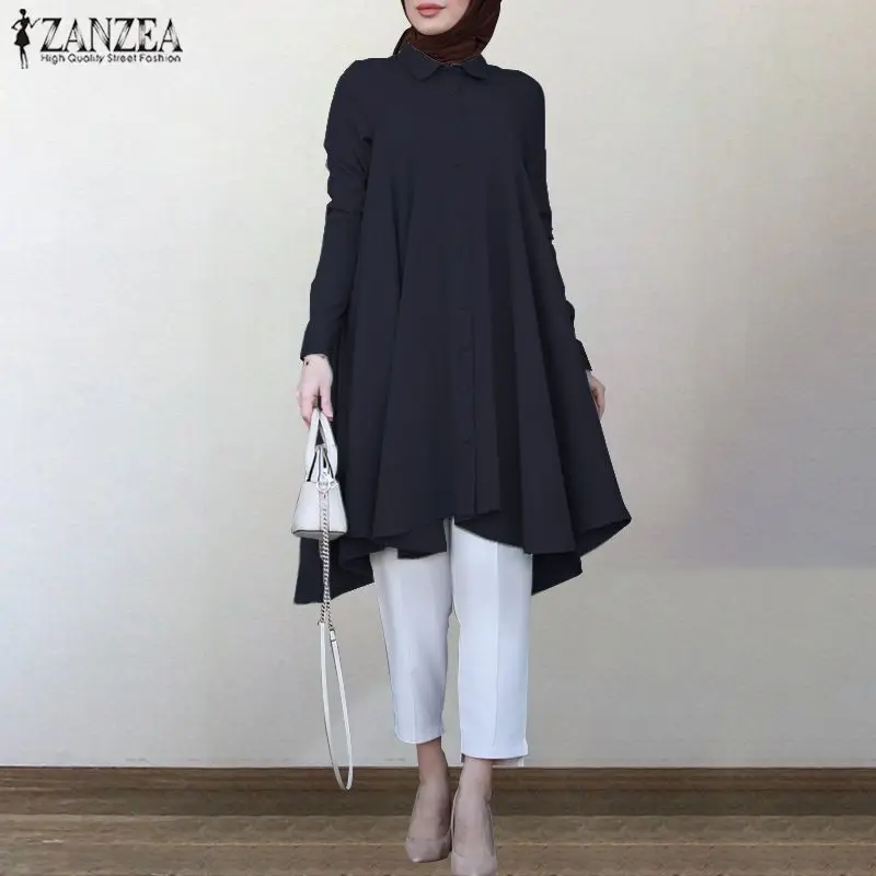 

Vintage Asymmetrical Shirts Women's Autumn Blouse ZANZEA 2021 Casual Long Sleeve Turkish Robe Shirts Female Solid Islam Clothing