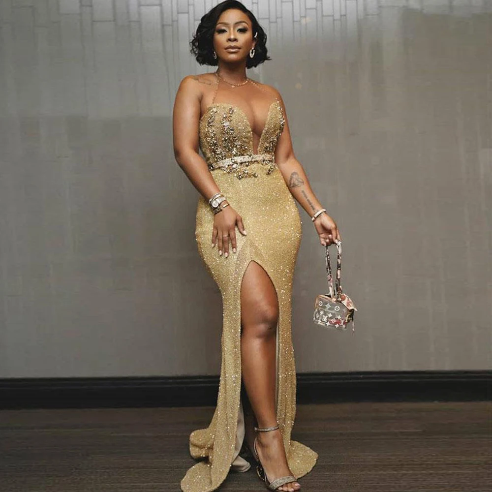 

Beading Mermaid Evening Dresses Long Luxury 2021 Women Sexy Deep V-Neck Side Split Sparkle Prom Gowns Custom vestidos de fiesta