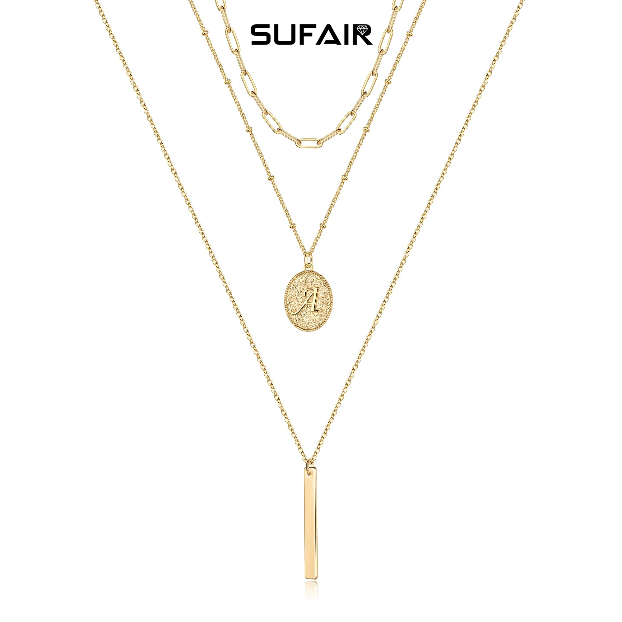 

Sufair 3pc Layered Initial Necklaces for Women 14K Gold Filled Coin Letter Paperclip Chain Bar Pendant Necklace Girl Jewelry