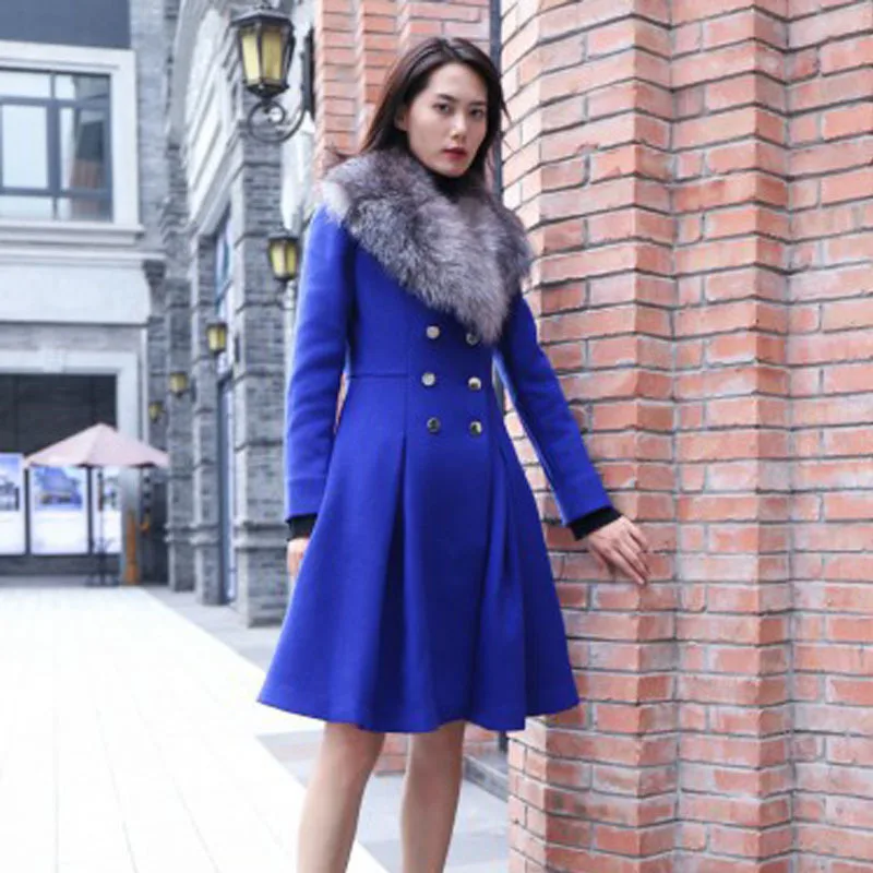 Модные женские пальто Длинная шерстяная двухбортная юбка с воротником из