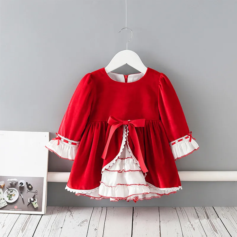 

Girls Dress 2019 Christmas Infant Dresses Girls Clothes Lace Flare Sleeve Baby Girls Party Dress For 1-5Years red