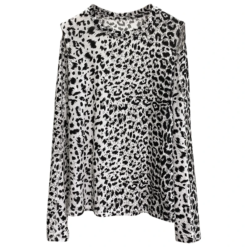 

print T-shirt leopard print top for women fall 2020 new fashion hollow out thin T-shirt long sleeve bottoming shirt