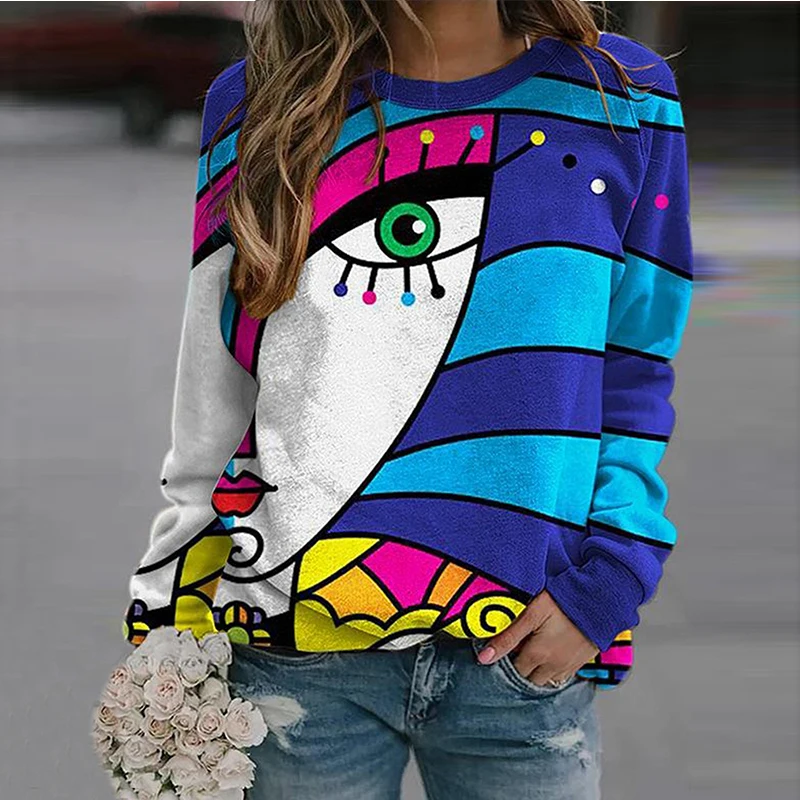 

Vintage Abstract Print Tops Women Casual Round Neck Sweatshirts 2021 Autumn Winter Fashion All-match Streetwear Loose Pullover