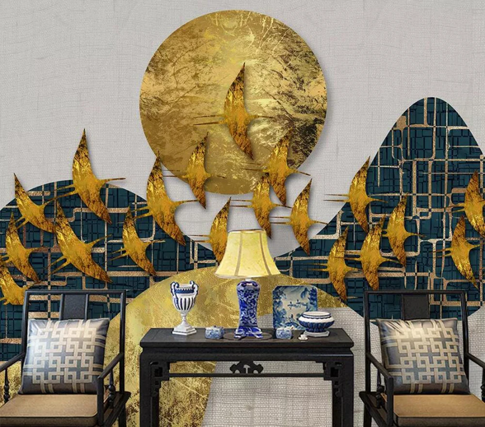 

Пользовательские Настенные обои Milofi, абстрактный пейзаж, художественная птица, Золотой Фон, настенные декоративные обои