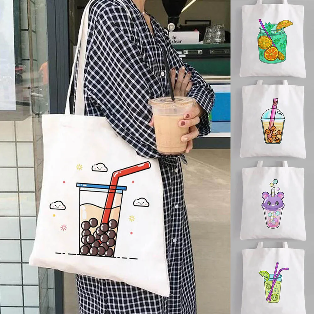 

Ladies Shopper Student Book Bags Gift Women Fashion Bag Reusable Shopping Canvas Tote Bag with Milk and Tea Print for Young