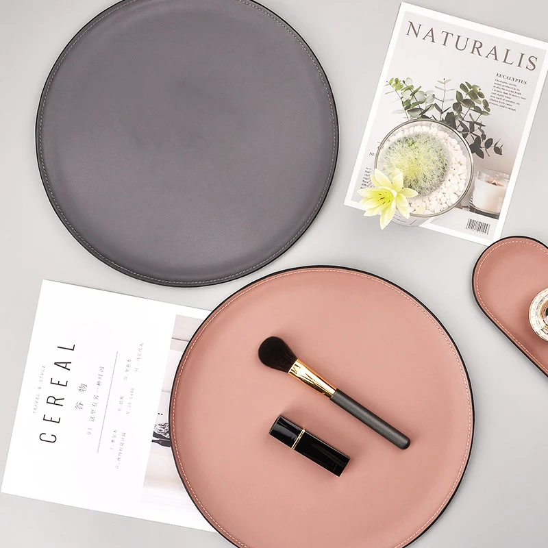 

Leather Round Storage Tray Nordic Stainless Steel Desktop Snack Tray