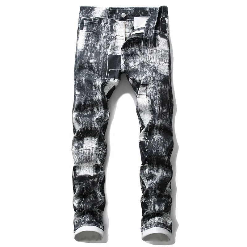 

Fashion Men Black Jeans Tie Dye Ink Jet Printed Pants Streetwear Straight Cotton Stretch Denim Trousers