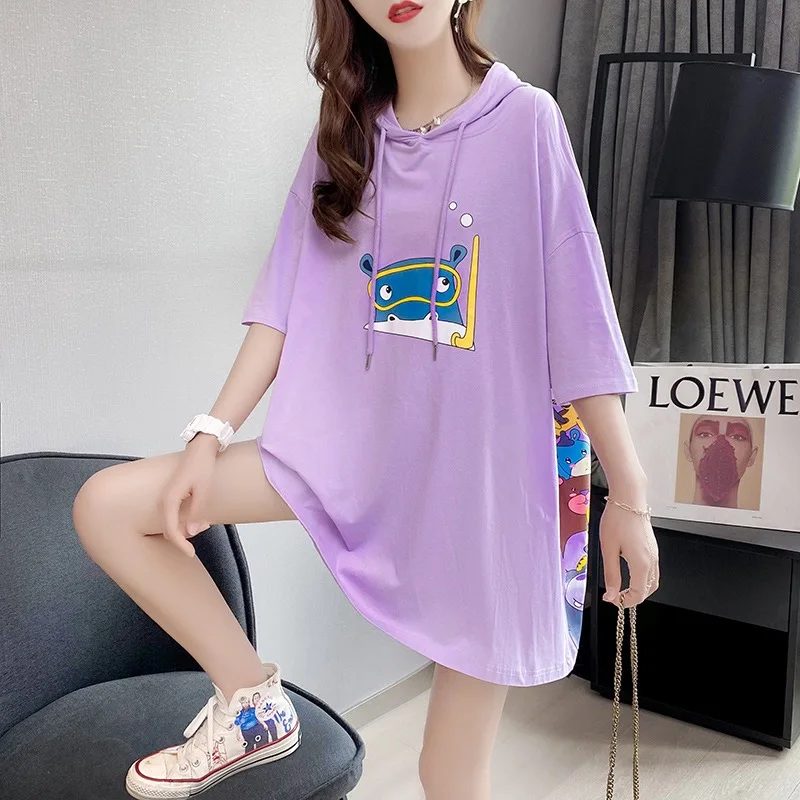 

Fashion Women T-Shirts 2021 Summer Blouse Hooded Long Length Purple Tops Casual Plus Size Women Shirt Female Clothes Ladies Top