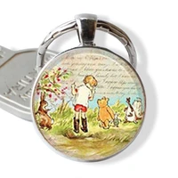 new fashion vintage bear art photo glass cabochon pendant keychain key ring bag car key chain holder keychains charms gift
