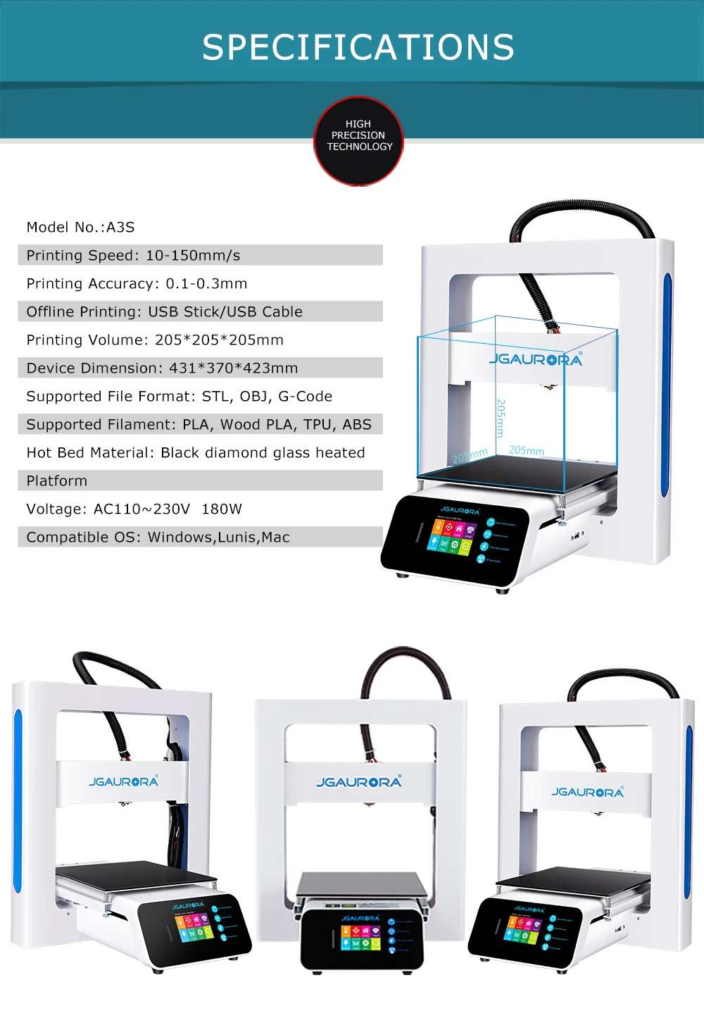 JGAURORA A3S 3d принтер обновленный RAMPS для Prusa с большой размер сборки корабль с фабрики напрямую или США/Великобритания/Германия/Россия склад