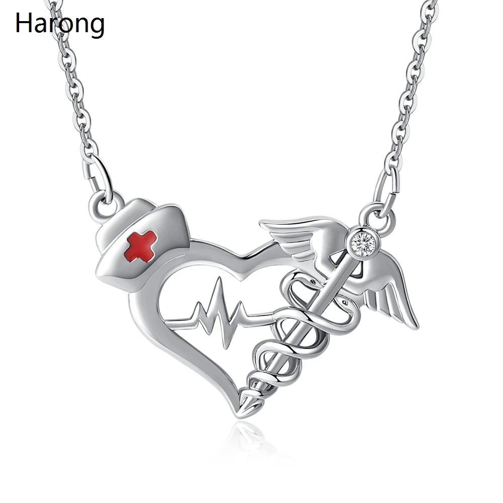 

Harong Medical Scepter Heart Shaped Cross ECG Pendant Necklace Silver Plated Quality Crystal Charm Jewelry for Doctors and Nurse