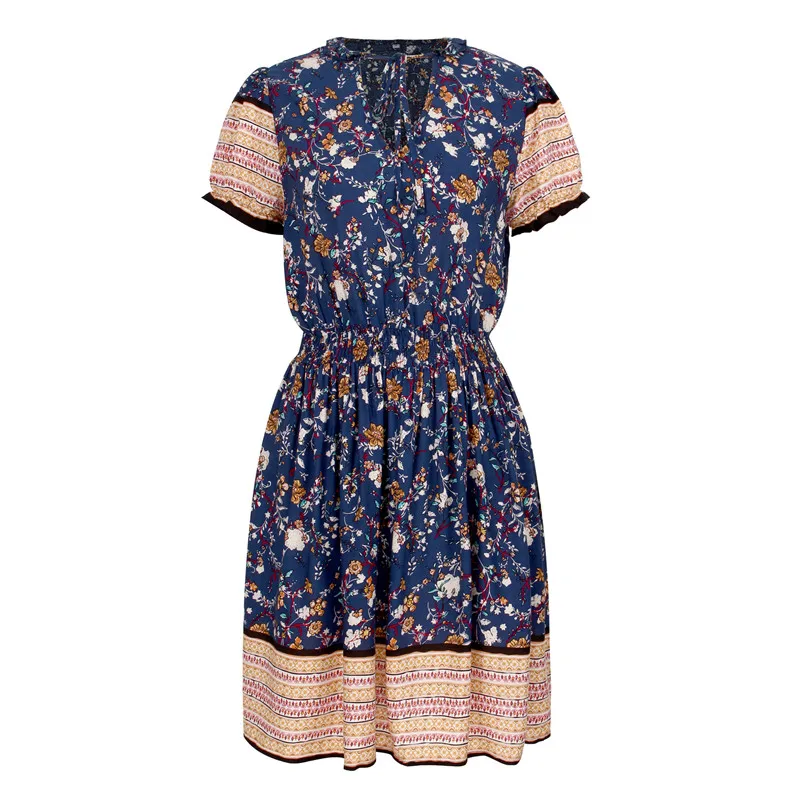 

JIAK Summer Dress Women 2021 Elasticity Waist Elegant Boho Party Beach floral Print mini Dresses casual Robe Femme Sundress Robe