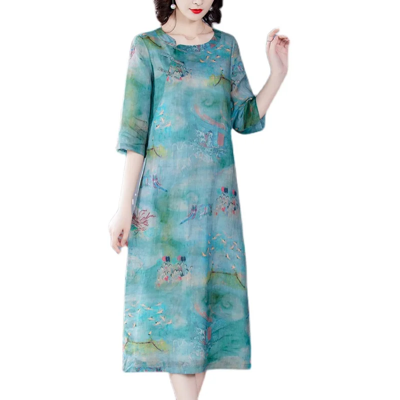 

COIGARSAM 4XL Plus Size Chinese Style Half Sleeve Women dress Spring Cheongsam Vintage O-Neck Dresses 1551