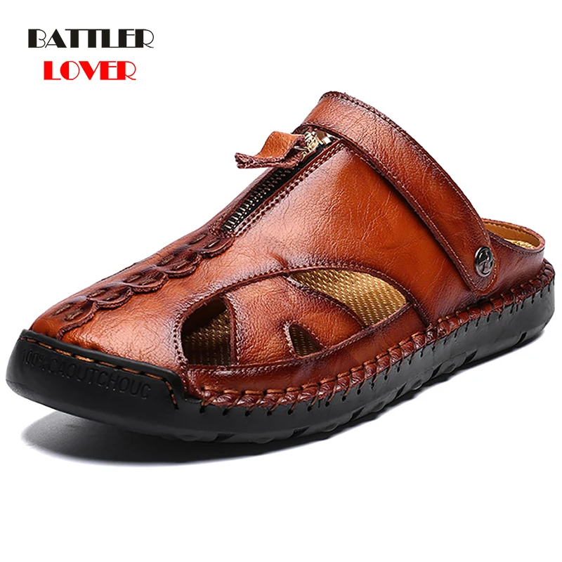 

Genuine Cow Leather Flats Sandals for Men 2021 Summer Hollow Slippers Soft Breathable Beach Shoes Males Rome Flip Flops Footwear