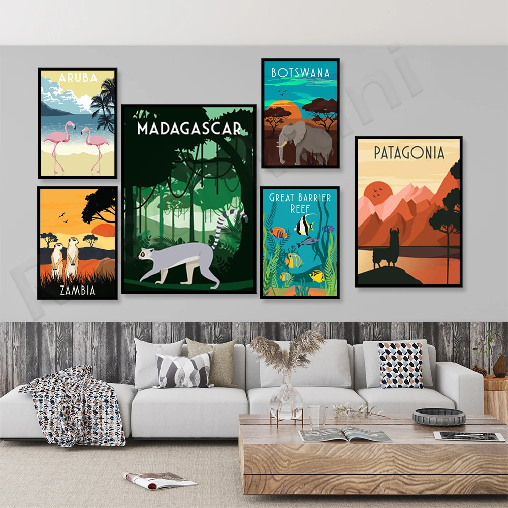 

Travel poster, Caribbean Aruba, Botswana, Africa Zambia, Australia Great Barrier Reef, Madagascar, travel safari prints