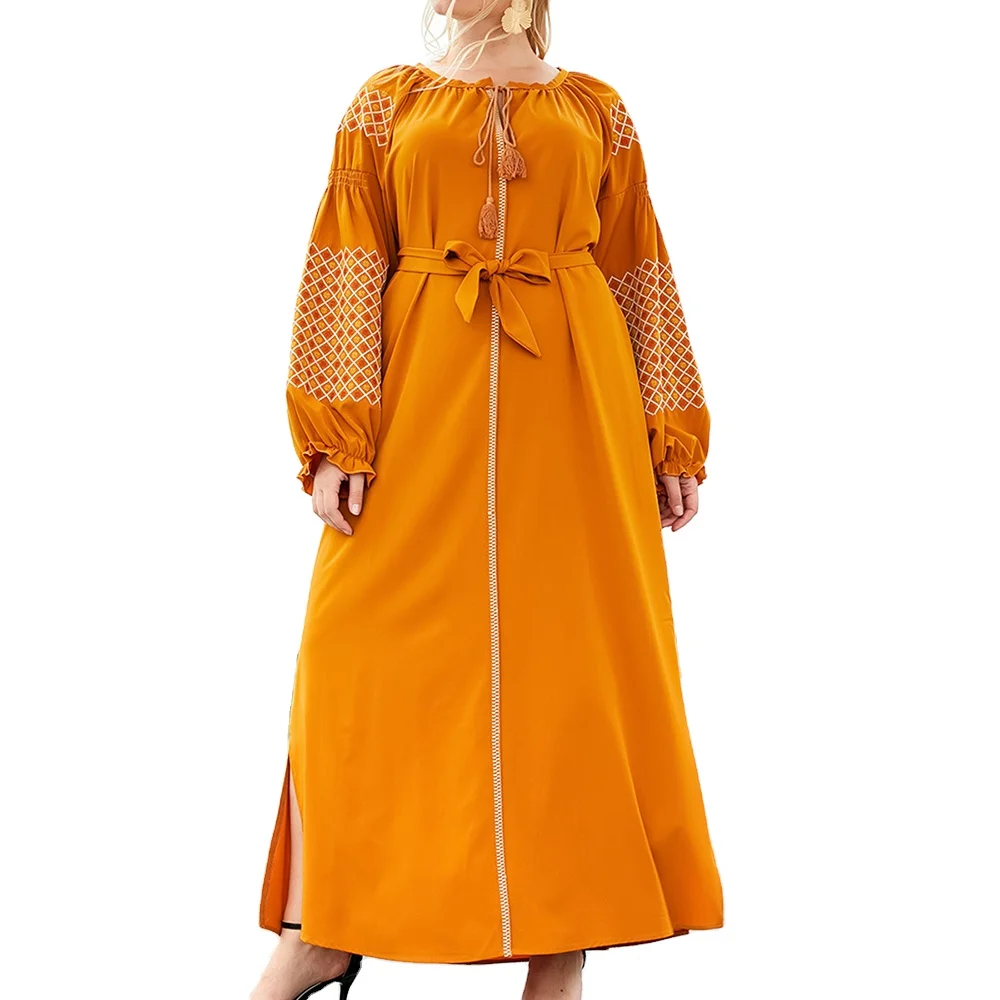 Достойно удобные Аравийский размера плюс для женщин желтый длинное платье ромбовидные геометрический ремень мусульманская молельная Дуба...
