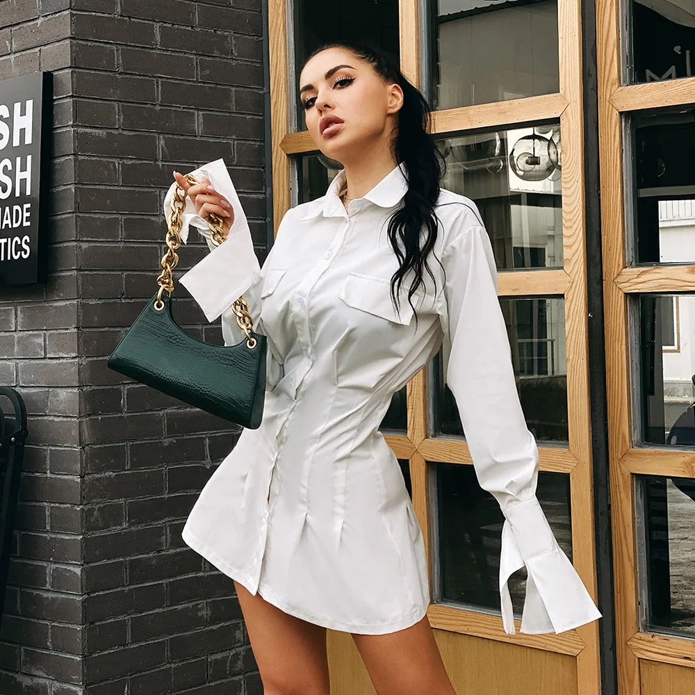 

V Neck Long Sleeve Shirt Dress Bandage 2020 White Women Sexy Mini A Line Office Autumn Casual Tunic Dresses Fashion