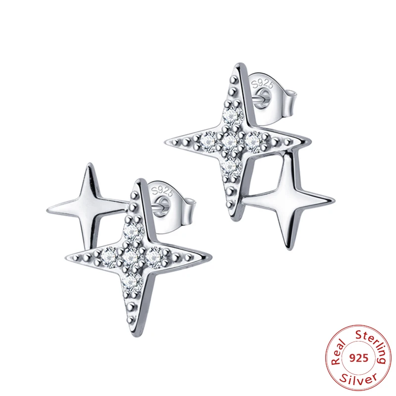 Женские серебряные изысканные серьги гвоздики блестящие со звездами женские 925