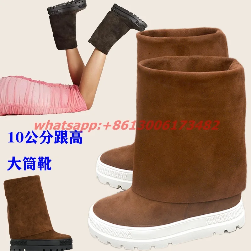 

real photos new arrive woman double platform inner wedge heel half boots thick sole wedge inside woman trousers platform boots
