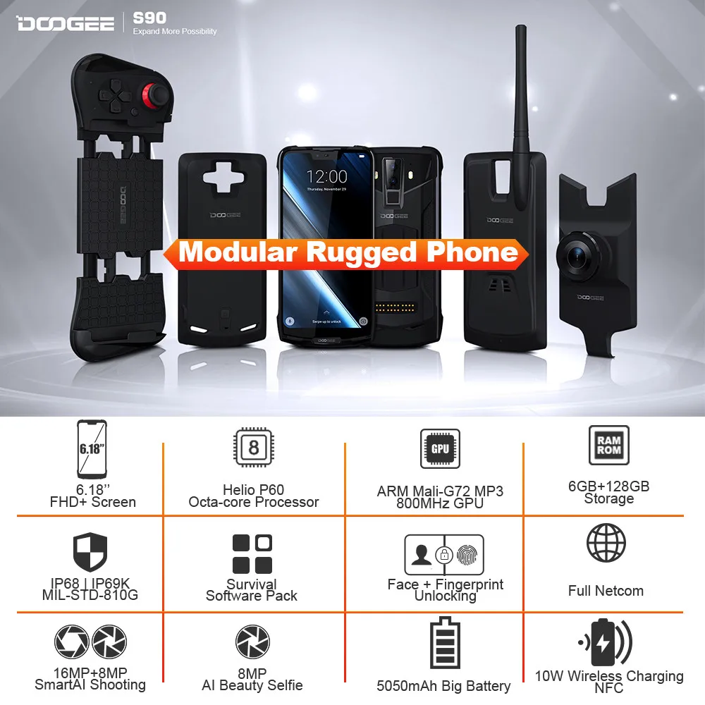 Модульный усиленный телефон DOOGEE S90 6 18-дюймовый дисплей 5050 мАч Helio P60 восемь ядер