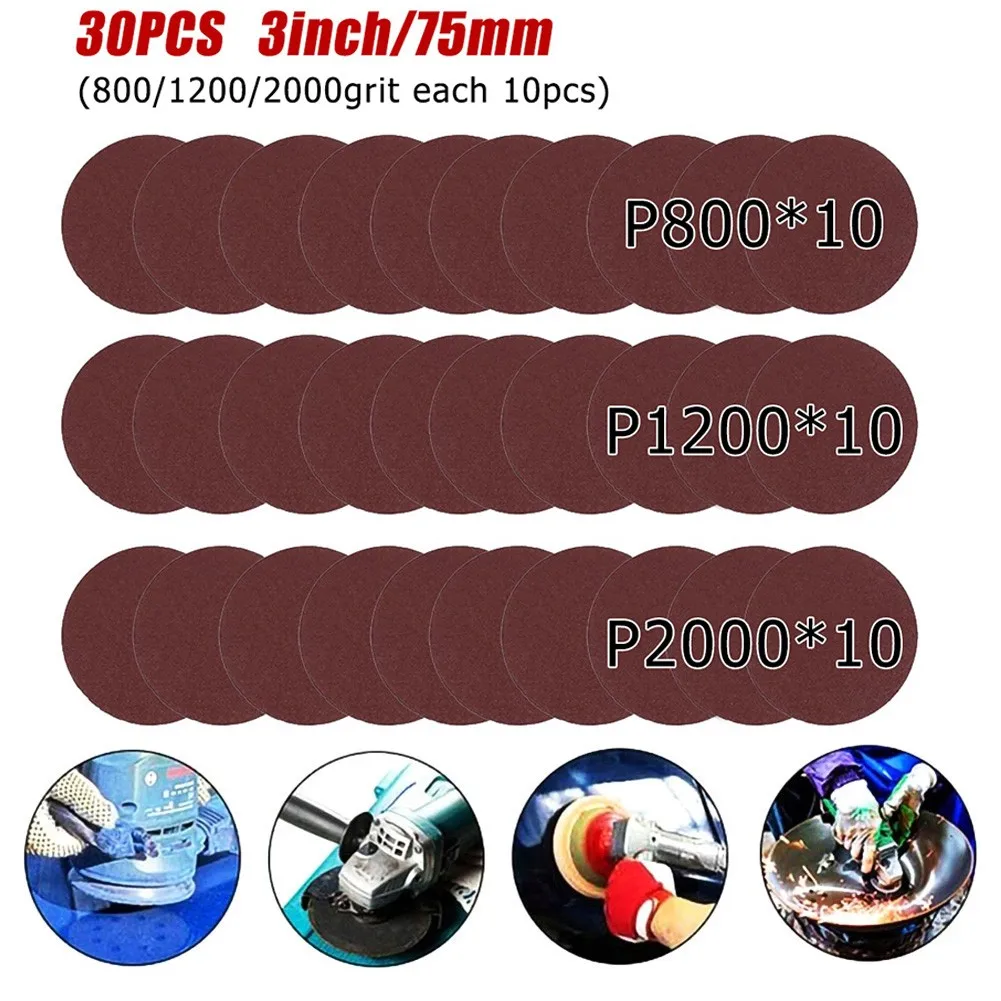 

30pcs 3inch(75mm) Flocking Sandpaper Sander Disc Sanding Pad 800/1200/2000Grit Sandpapers Air Tool Accessories