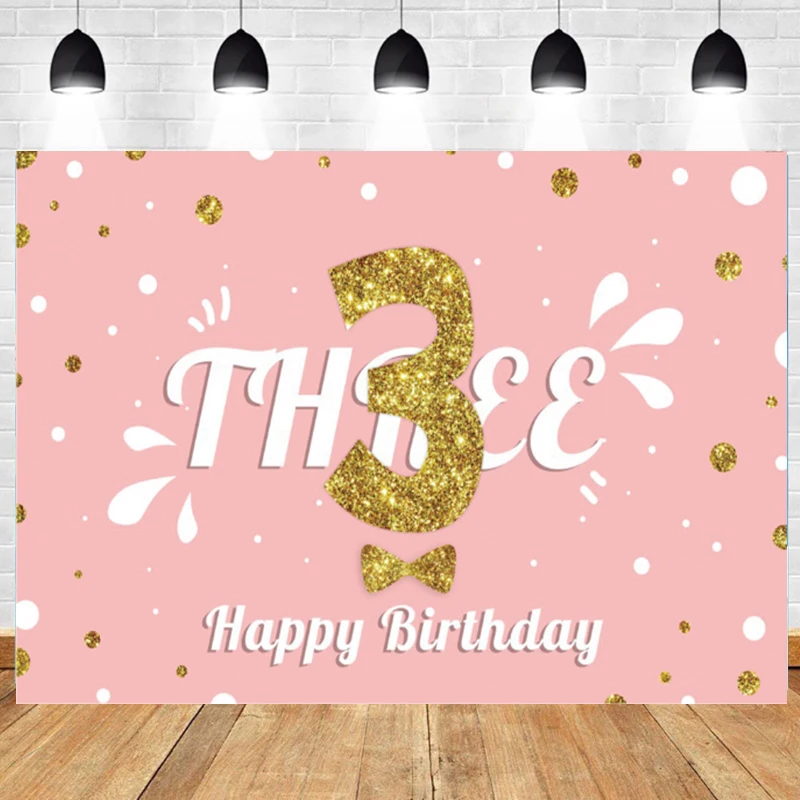 

Baby Child Backdrop Gliter Girl Boy Happy 3rd Birthday Party Decor Custom Banner Photography Background Gold Bow Three Years Old
