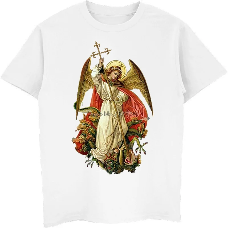 

Saint Michael Destroy The Devil Catholic Christian T Shirt Men's Cotton Short Sleeve T-shirt Hip Hop Tee Top Harajuku Streetwear