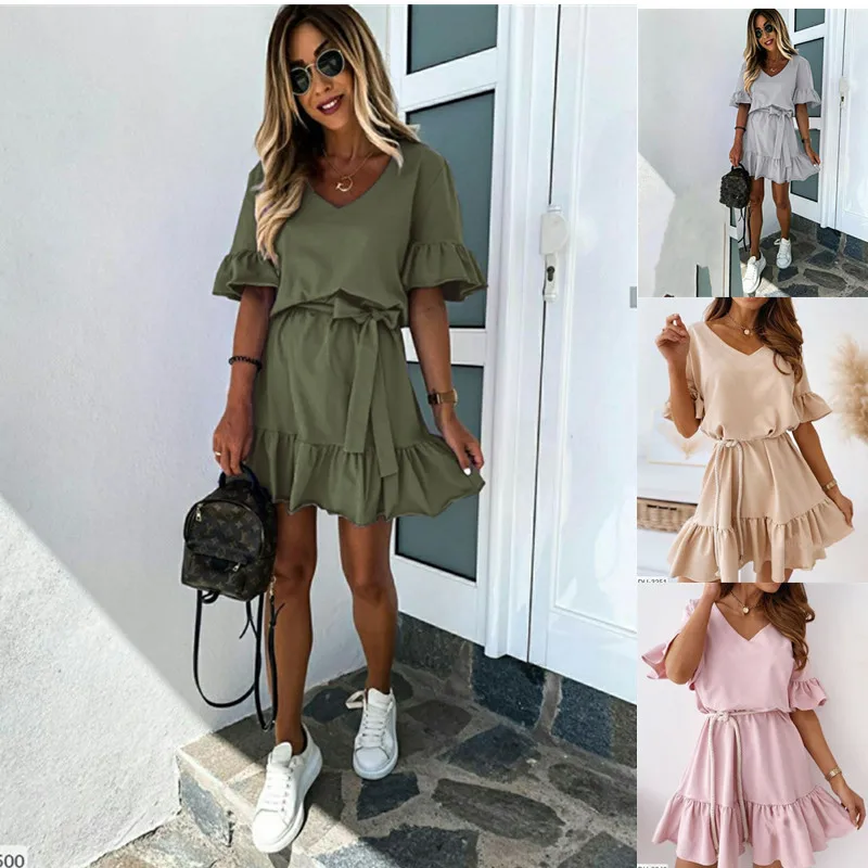 

Fashion Women Summer Solid Color A-Line Dress 2021 Fold Design Ruffles Belt Decor V-Neck Half Sleeve High Waist Slim Mini Dress